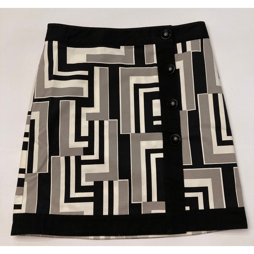 Ann Taylor Wrap Skirt Womens‎ 4 Button Front Geometric Pattern Black White Taupe